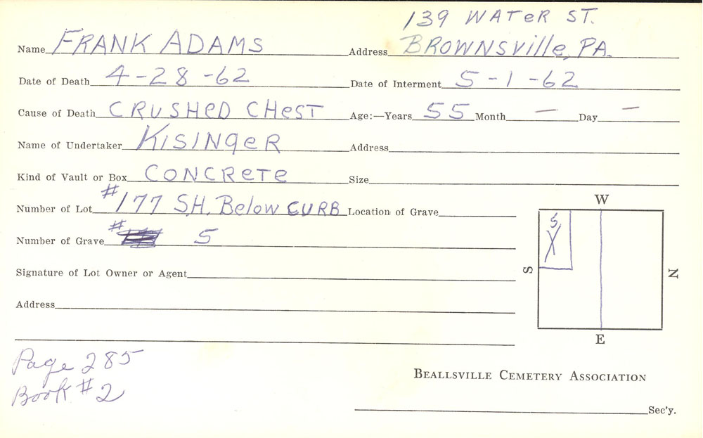 Frank Adams burial card